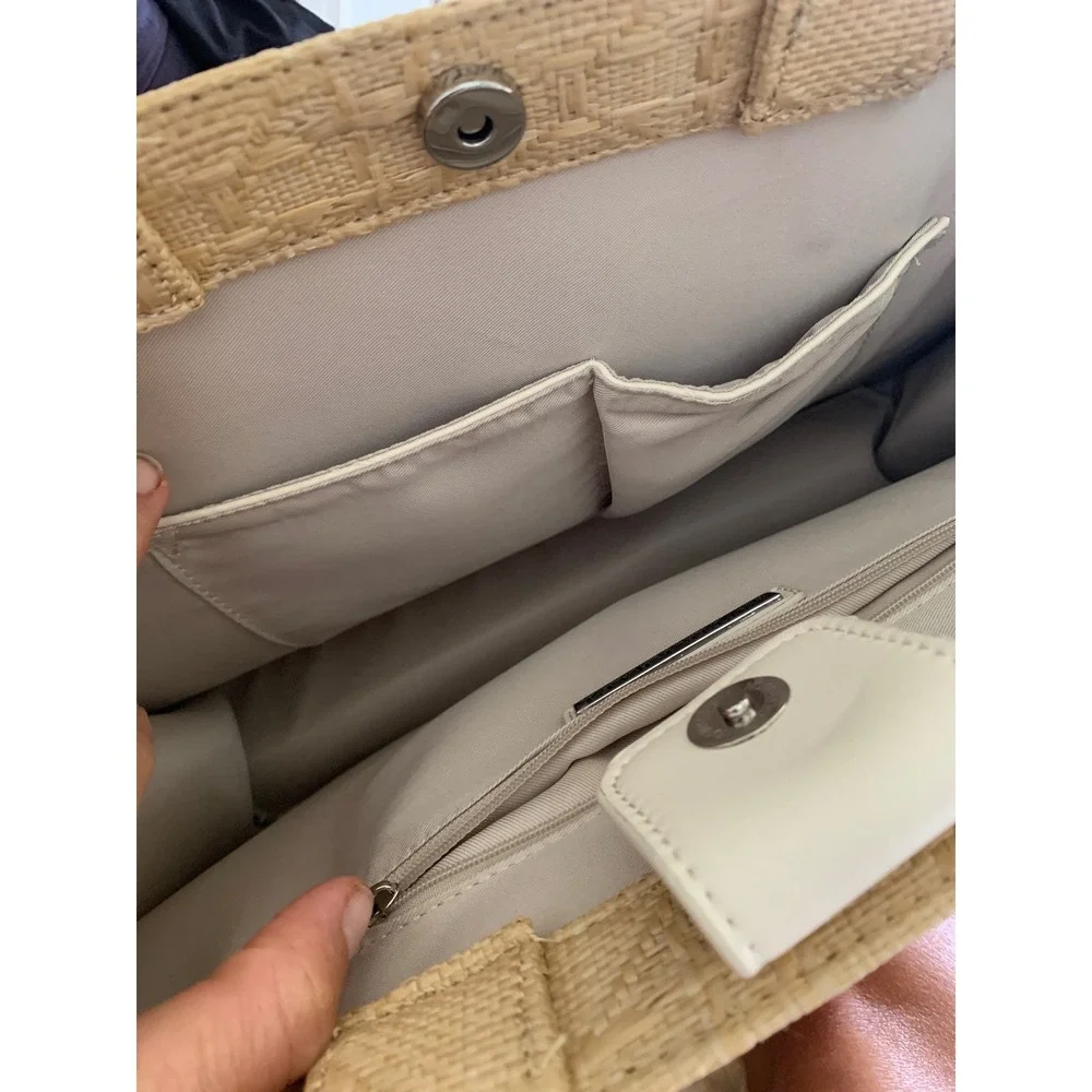 Antik Kraft‎ Woven Straw Tote Bag Beige Cream Geometric Coastal Boho Handbag